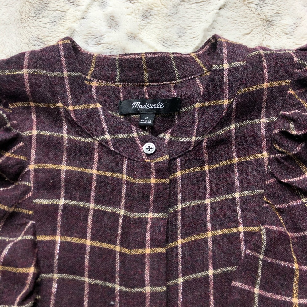 Madewell Purple Plaid Ruffle Front Top Size Medium - Picture 3 of 6